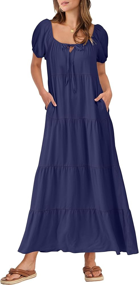 ANRABESS Women's Boho Maxi Dresses 2025 Summer Casual Floral Puff Short Sleeve Tie Front Flowy Sw... | Amazon (US)