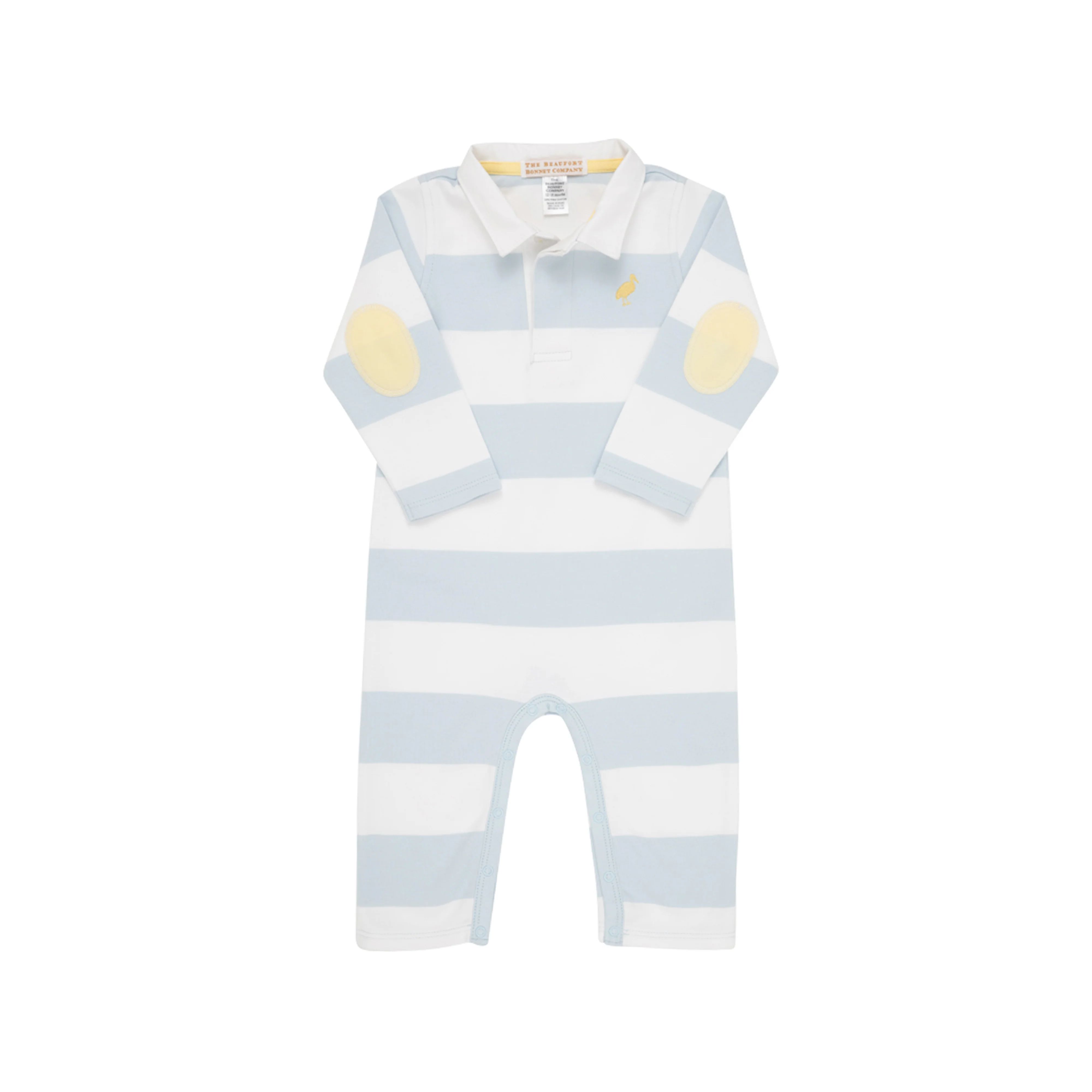 Sir Proper's Rugby Romper - Buckhead Blue & White Stripe with Bellport Butter Yellow Stork | The Beaufort Bonnet Company