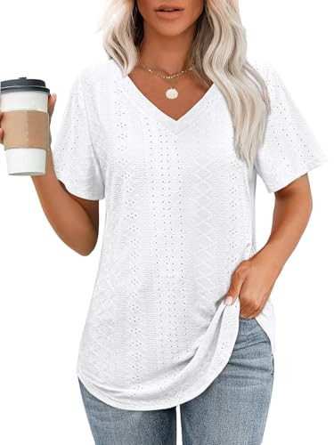 OFEEFAN White T Shirts for Women Going Out V Neck Short Sleeve Tops Dressy Casual Workout Shirts 2026 Fashion Summer Vacation 90s Outfits for Women Clothes White L | Amazon (US)