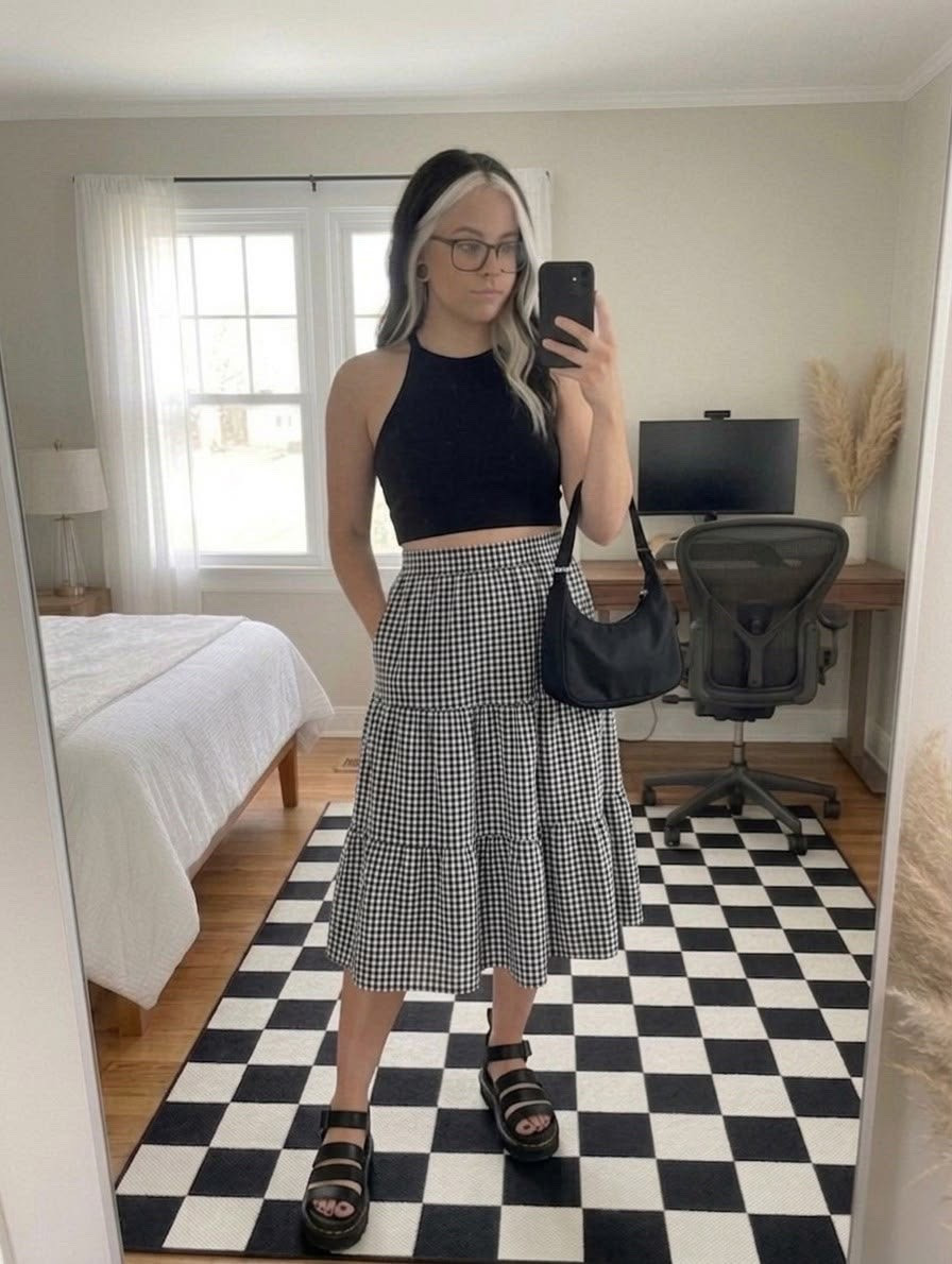 Can we talk about how perfectly this tiered gingham midi skirt matches the rug? 😍 Kept things effortless but edgy today with a black halter crop top, chunky black platform sandals, and my go-to 90s-style shoulder bag. Bonus points because this skirt actually has pockets! 🙌 Let me know if you love a monochrome moment as much as I do.

#LTKootd #LTKSeasonal #LTKMidsize