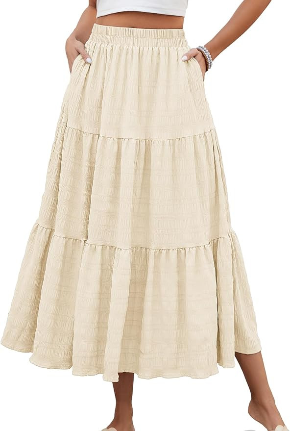 HUSKARY Women's Summer Casual Elegant Smock Layered Tiered Maxi Skirt High Waisted A Line Flowy L... | Amazon (US)
