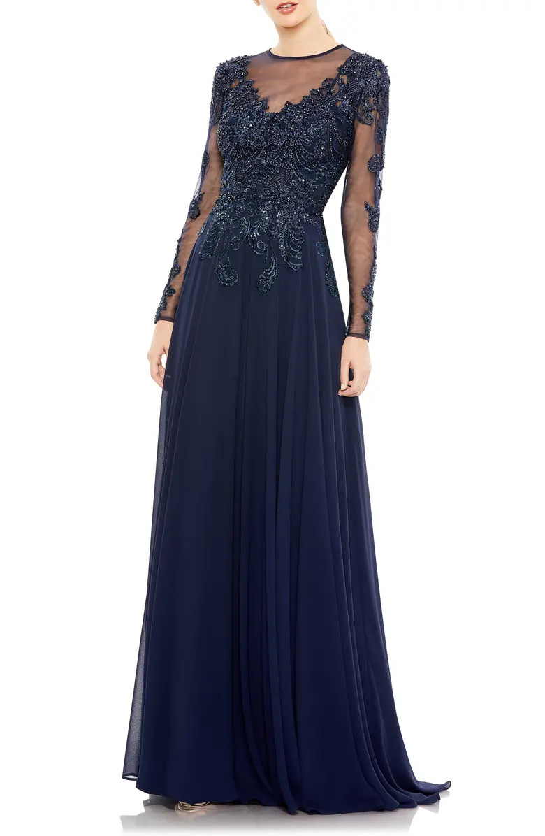 Mac Duggal Beaded Illusion Lace Long Sleeve A-Line Gown | Nordstrom | Nordstrom