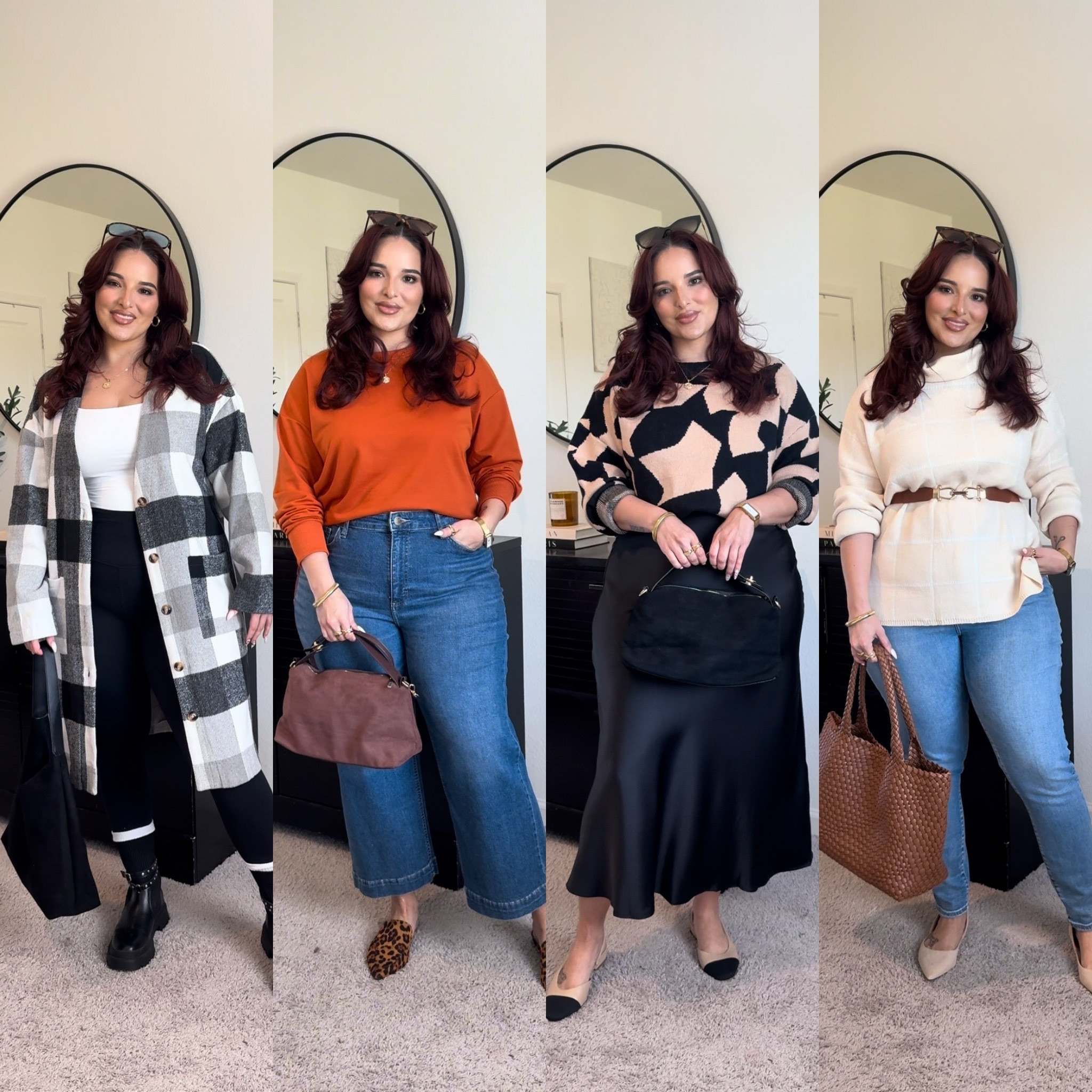 Plaid jacket: XL | leggings: XL | white tank: XL | ankle jeans: 16 | rust sweater: XL | satin skirt: XL | black and cream sweater: XL | cream turtleneck sweater: XL | skinny jeans: 34