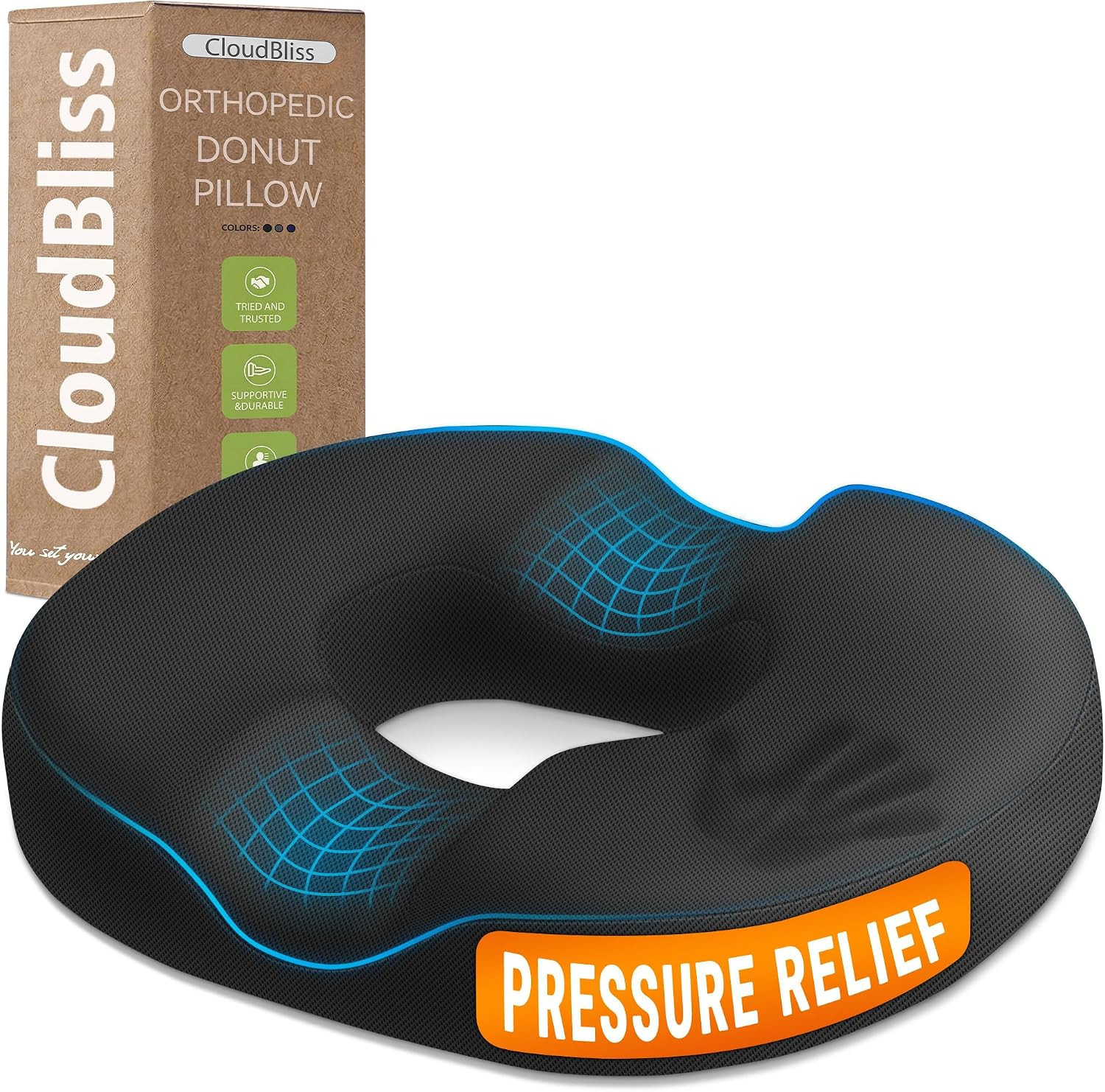 CloudBliss Donut Pillow Stadium Seat Cushion for Tailbone Pain Relief and Hemorrhoids, Memory Foam Seat Chair Cushion, Portable Seat Cushions for Bleachers, Car, Home & Office | Amazon (US)