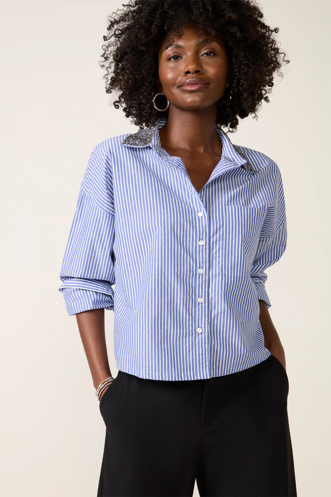 EVEREVE Women's Natalie Embellished Party Shirt, Size Medium, Blue | Evereve