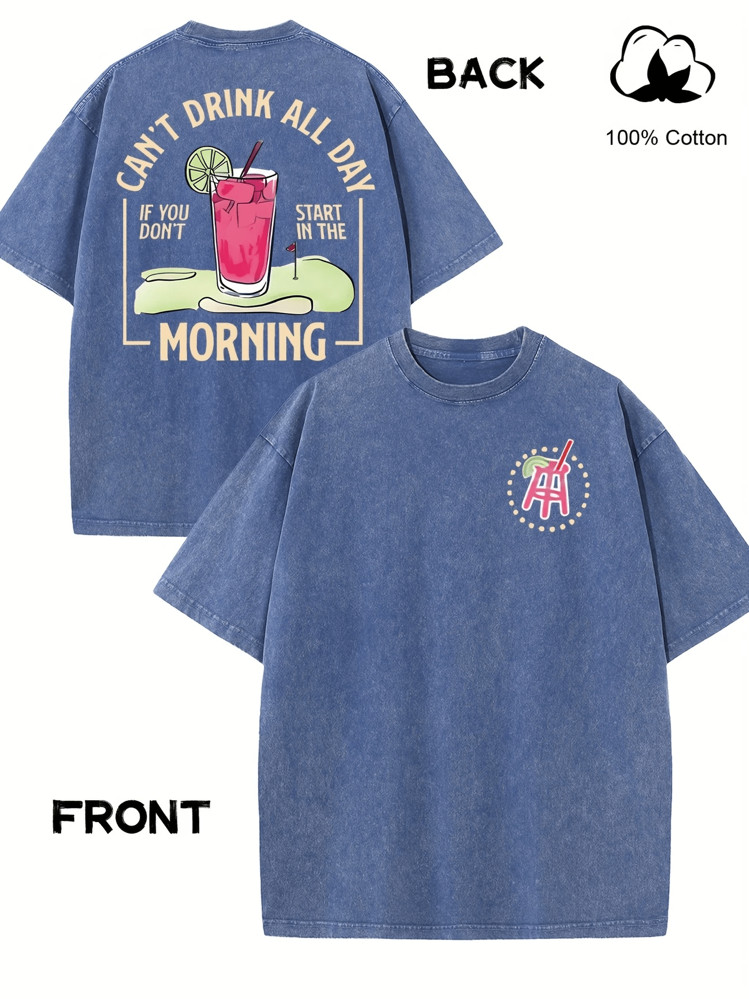 Men's Retro Y2K Style "Can't Drink All Day" Double-Sided Printed Cotton T-Shirt-Black, Loose Vers... | SHEIN