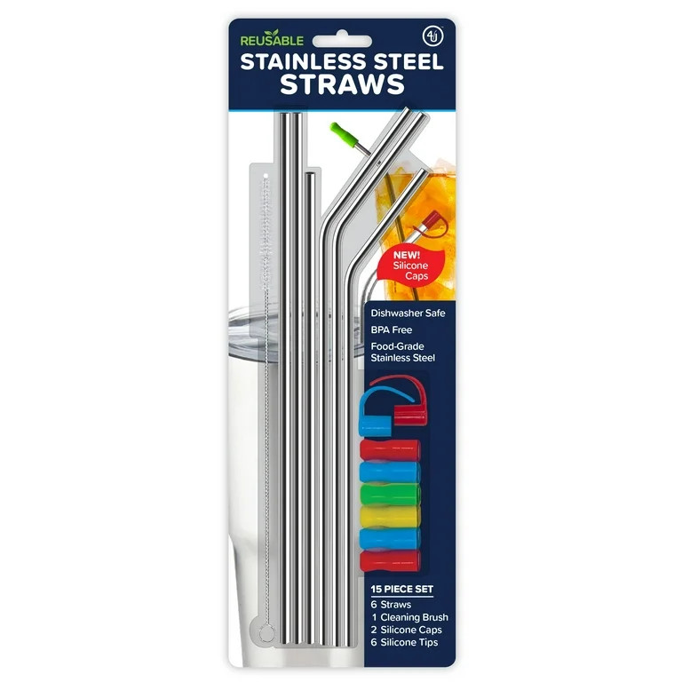 4th Utensil Reusable Bent Stainless Steel Straws with Removable Silicone Tips and 1 Cleaning Brus... | Walmart (US)