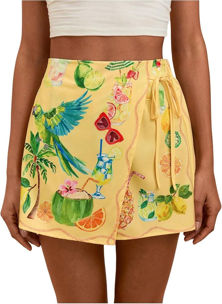 SweatyRocks Women's Boho Mini Skirts Floral Shorts Tie Side Wrap Elastic Waist Summer Skorts Beach Vacation Outfits | Amazon (US)