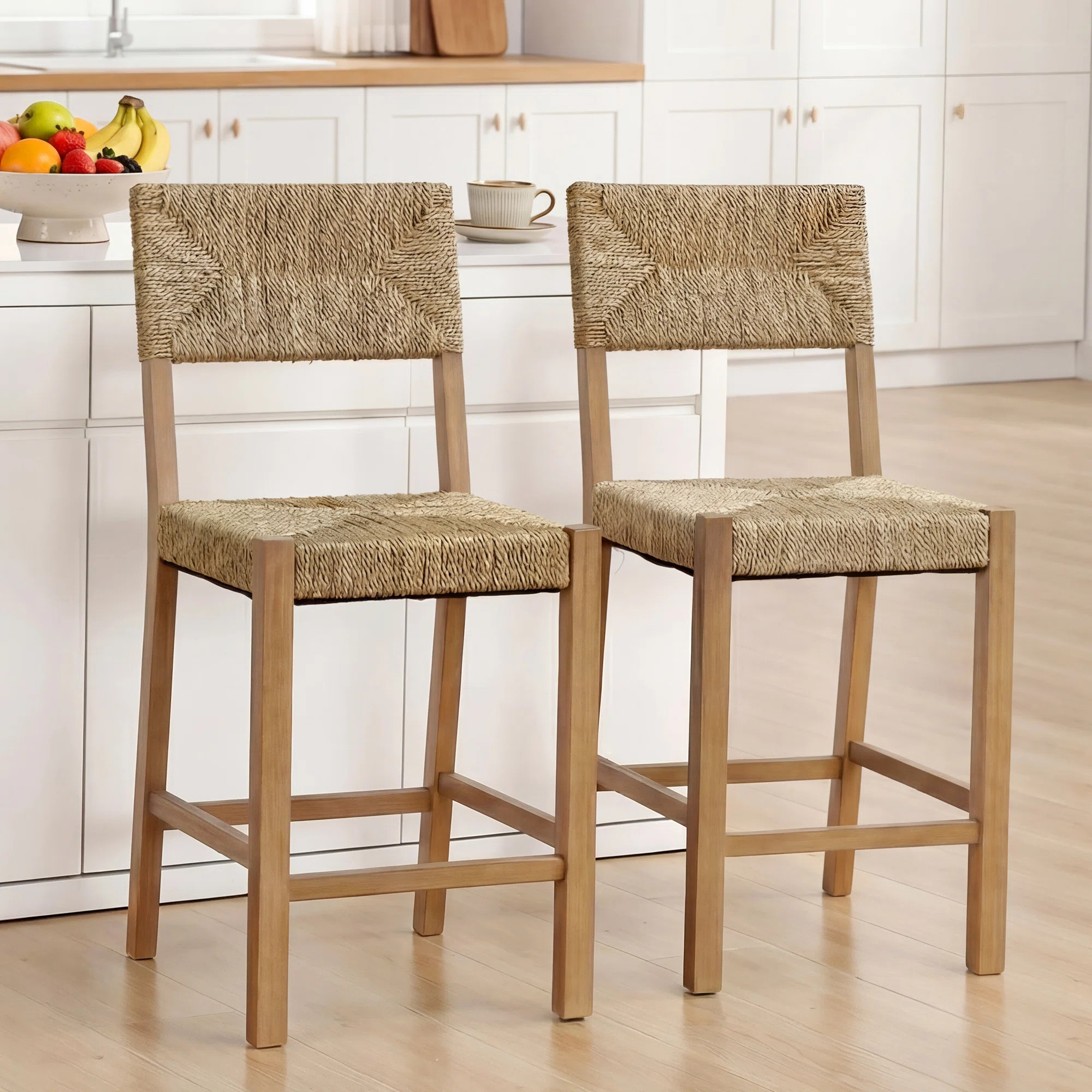 Cledia 21" Wide Rustic Farmhouse Style Solid Wood Ratten Seat Counter Stool (Set of 2) | Wayfair North America