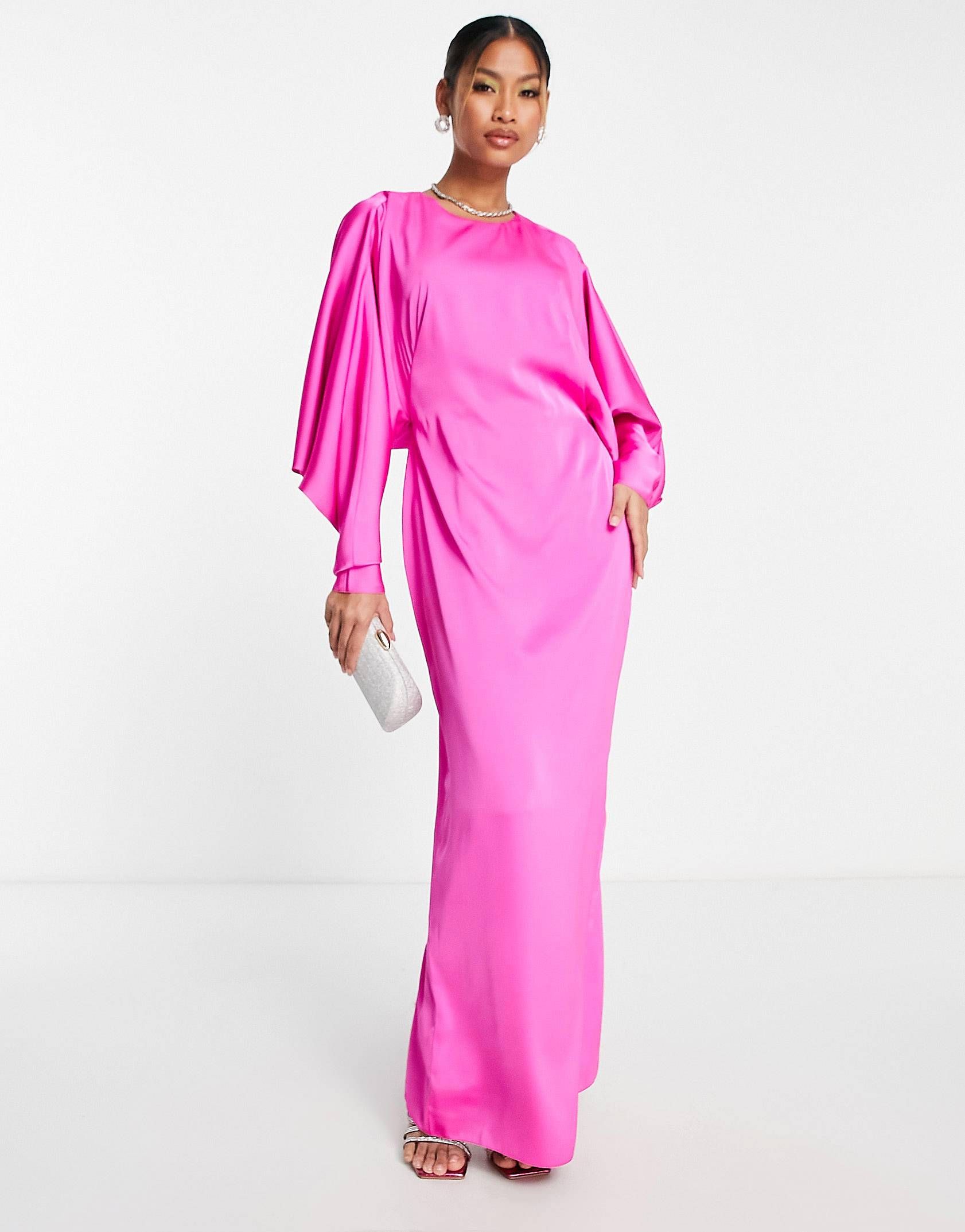 ASOS EDITION satin batwing maxi dress with drape v back in bright pink | ASOS (Global)