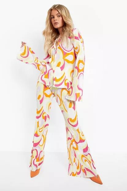Abstract Pastel Plisse Relaxed Fit Shirt & Abstract Pastel Plisse Flared Trousers | Boohoo.com (US & CA)