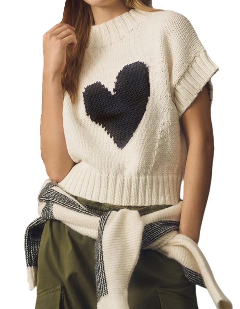 Kedera Womens Heart Short Sleeve Sweaters Pullover Shirt Tops Crew Neck Lightweight Ribbed Knit S... | Amazon (US)