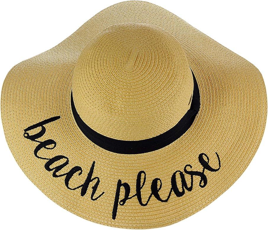 Women's Paper Weaved Crushable Beach Embroidered Quote Floppy Brim Sun Hat | Amazon (US)