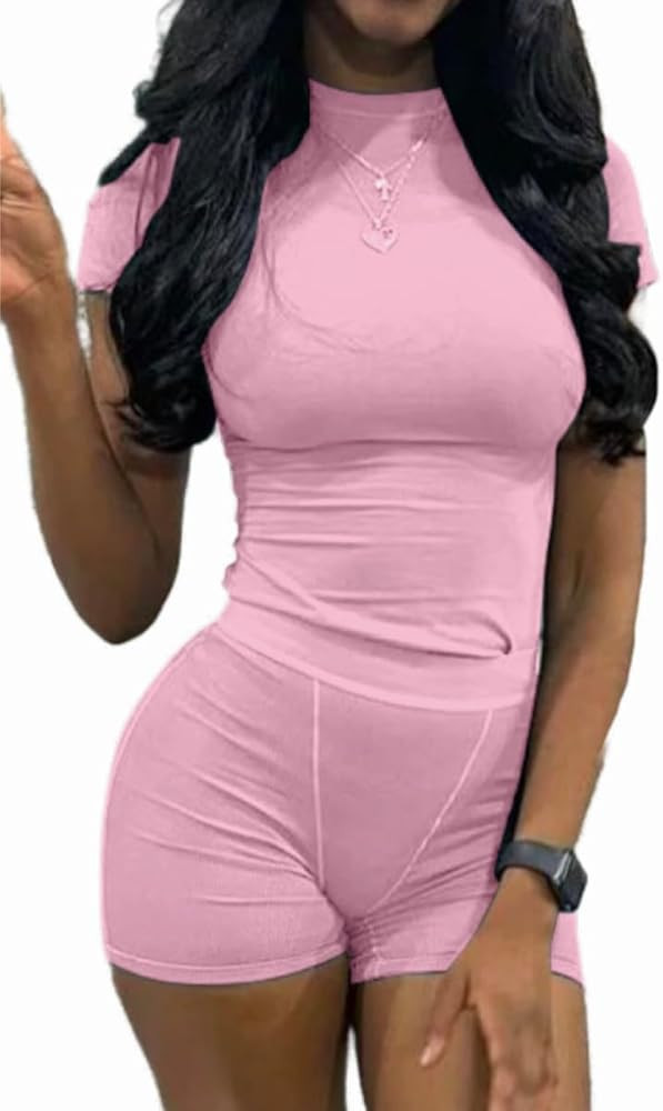 AYWA Two Piece Outfits for Women Fitted Crew Neck T-shirt High Waist Leggings Biker Shorts Matchi... | Amazon (US)