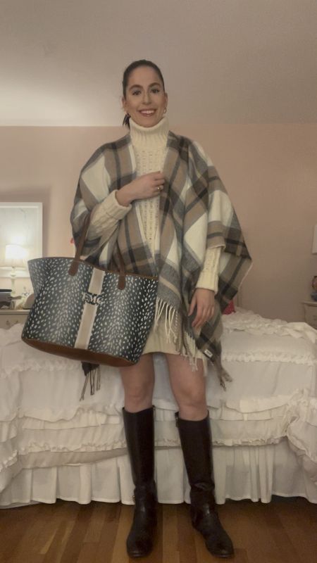 Business casual, casual Friday, sweater dress, winter workwear, workwear, cape, plaid cape, plaid scarf, brown riding boots, turtleneck dress, cable knit sweater dress, winter dress, tote bag, plaid poncho, poncho, preppy winter outfit, winter fashion

#LTKstyletip #LTKfindsunder100 #LTKworkwear