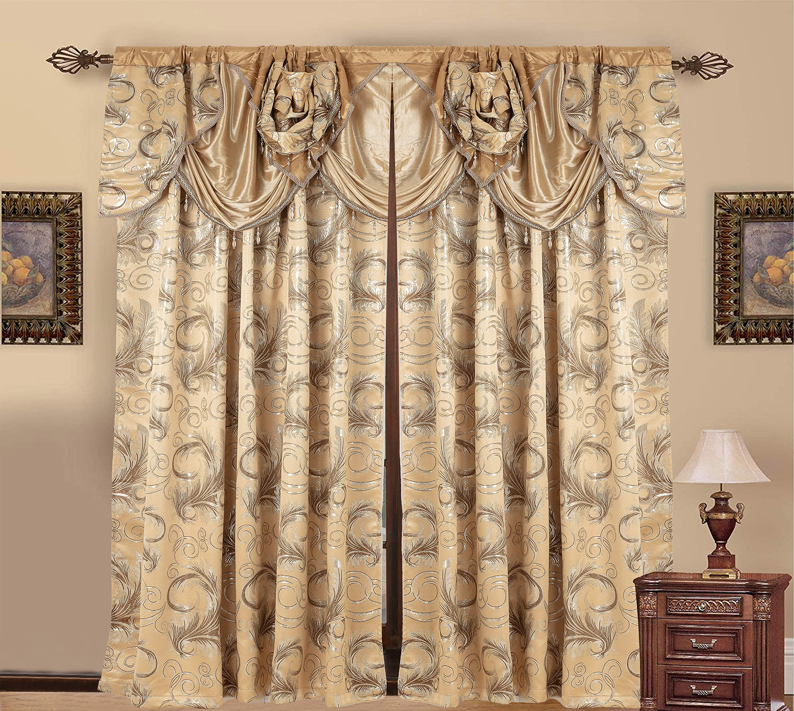 GLORY RUGS Jacquard Luxury Window 2 Panel Set Taupe Curtain with Attached Valance and Backing Bed... | Amazon (US)