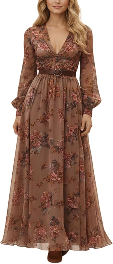 Akivide Women's 2026 Spring Chiffon Floral Maxi Dresses Sexy Deep V Neck Long Sleeve Flowy Formal... | Amazon (US)