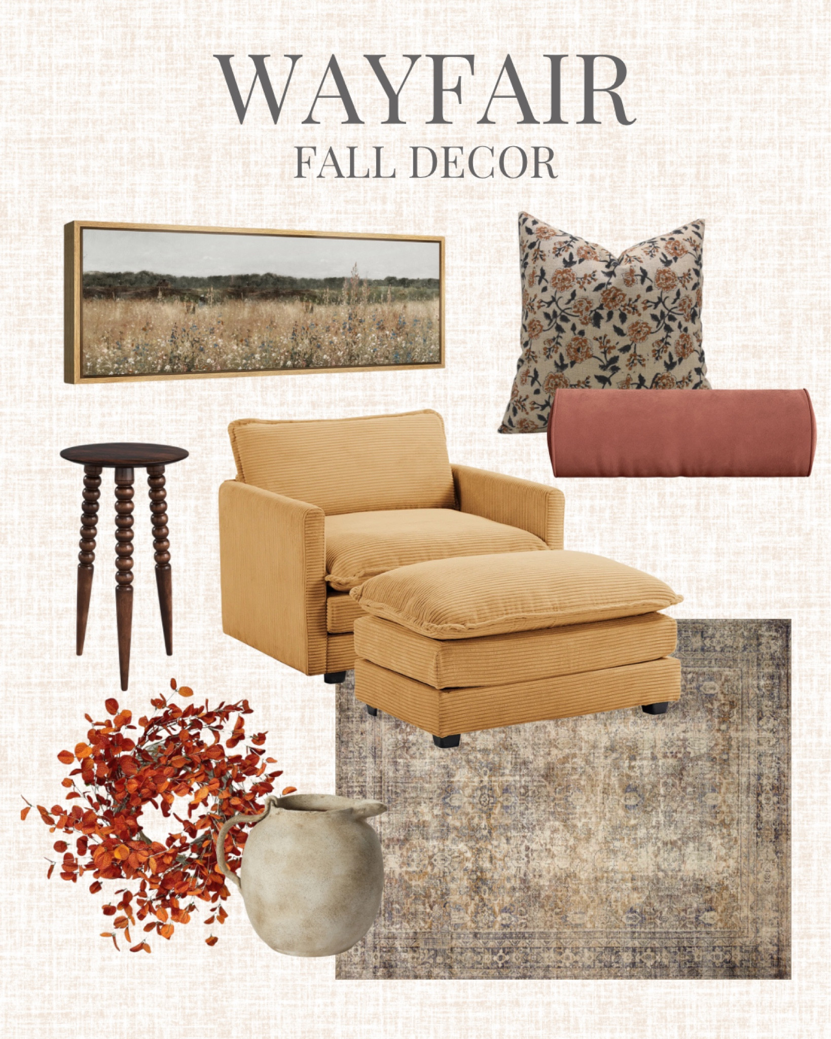 @Wayfair, #Wayfair, #Wayfairpartner, area rug, vase, wreath, framed art, throw pillow, accent chair, ottoman 

#LTKSeasonal #LTKHome #LTKSaleAlert