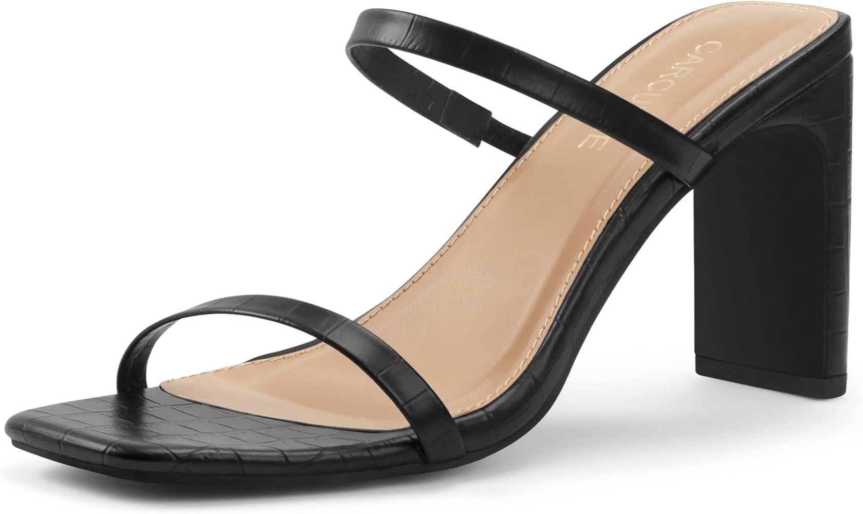 Carcuume Women's Square Toe Two Strap Open Toe Block Heels Sandals Slip On Shoes | Amazon (US)
