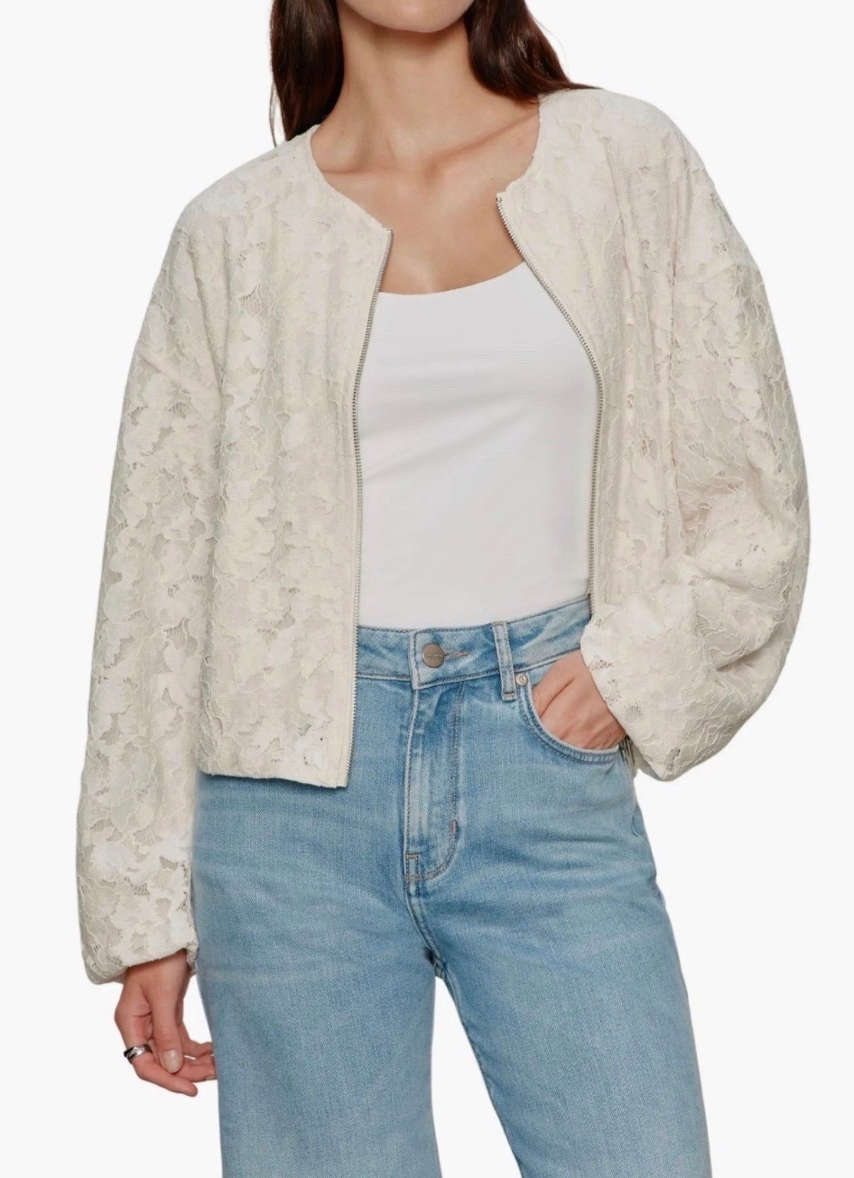 Lace bomber jacket 
Jacket
White jacket 
Jeans 

#LTKSeasonal #LTKdayinmylife
