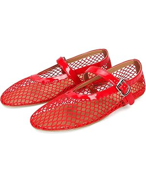 DOEYG Mesh Ballet Flats for Women Buckle Strap Comfy Casual Office Fishnet Ballerina Flat Shoes | Amazon (US)