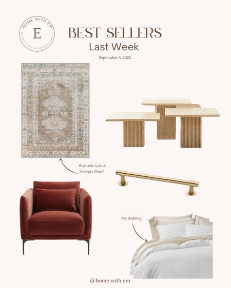 Here are the best selling furniture and home decor pieces from all my posts this week! This washable area rug, gold cabinet pull, gold cabinet handle, white duvet, white bedding, white comforter, neutral sheets, rust color accent chair, set of 3 nesting tables, coffee table.

#LTKhome #LTKstyletip #LTKfamily