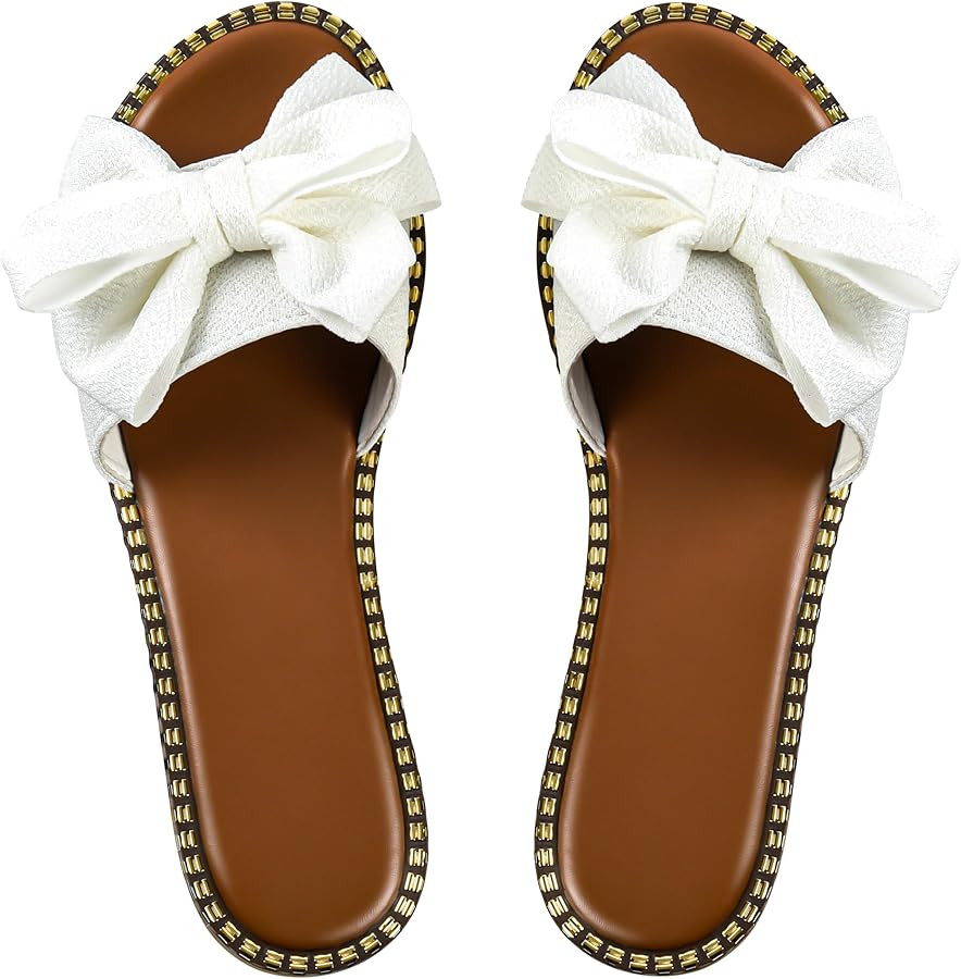 Women's Bow Knot Slides Open Toe Flat Sandals Summer Slip On Slippers | Amazon (US)