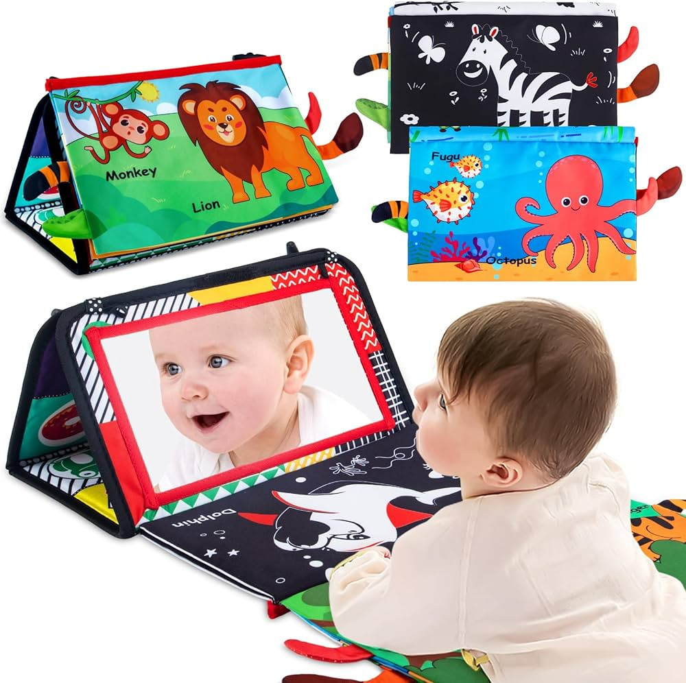 Tummy Time Mirror Toys for Baby 0-6 6-12 Months High Contrast Infant Toys with Crinkle Cloth Book... | Amazon (US)