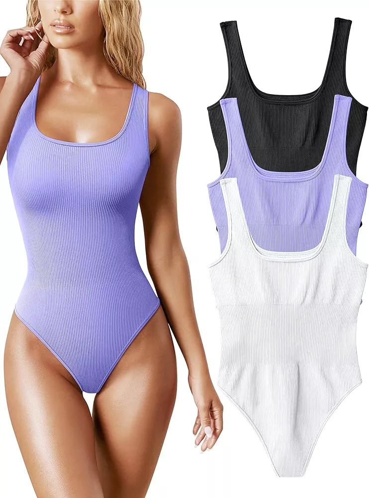 OQQ Women's 3 Piece Bodysuits Ribbed Square Neck Sleeveless Tank