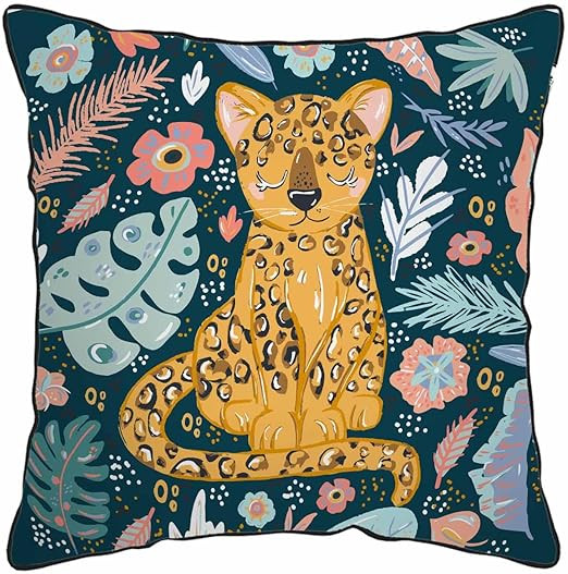 Nicokee Square Velvet Throw Pillow Covers Cute Cheetah Cartoon Animal Grass Branches Leaves Flowe... | Amazon (US)