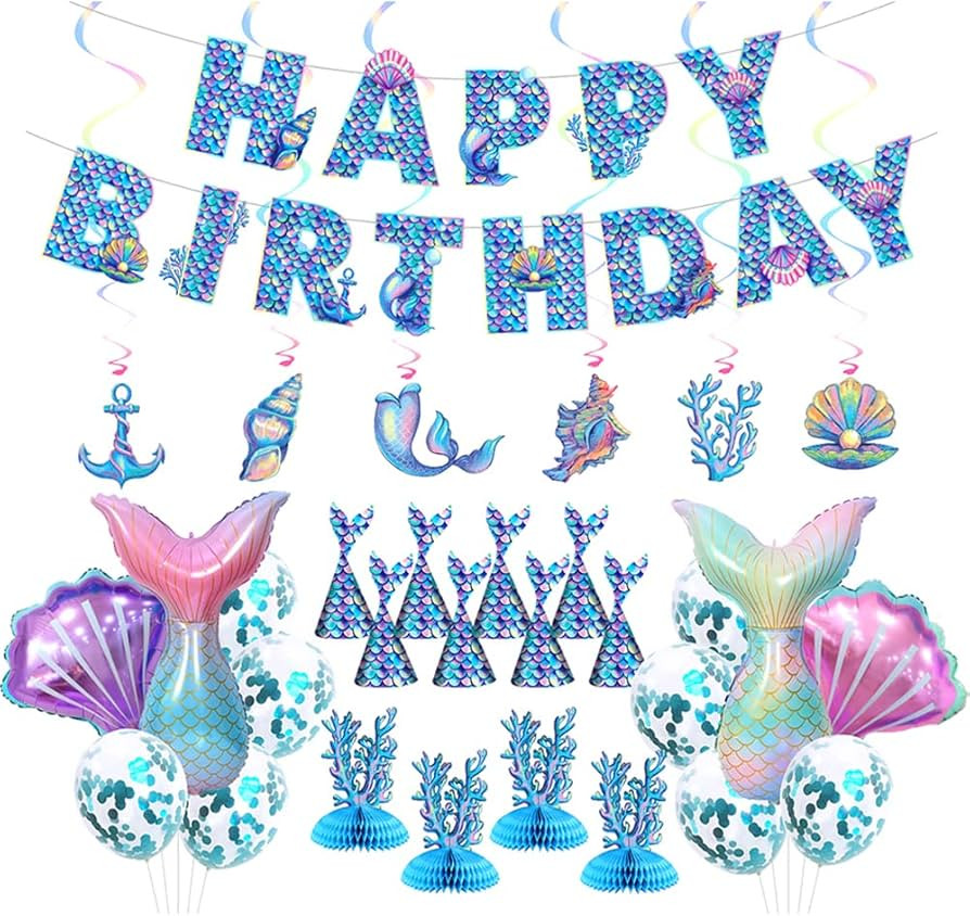 Mermaid Birthday Decorations, Mermaid Party Decorations, Mermaid Party Supplies, Mermaid Balloon ... | Amazon (US)