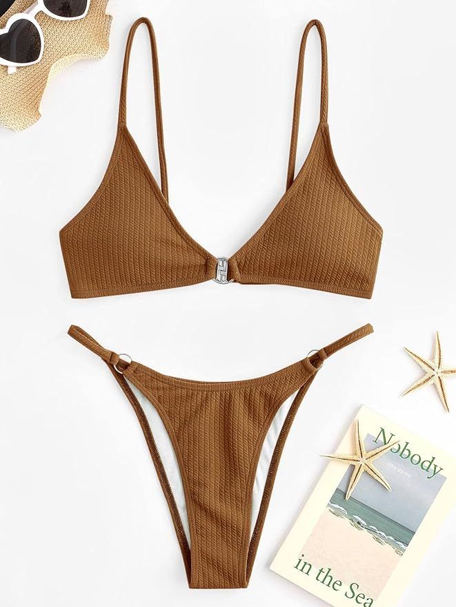 ZAFUL Women's Ribbed O-Ring String Bikini Swimsuit Cheeky Thong Swimwear Two Pieces Bathing Suit | Amazon (US)