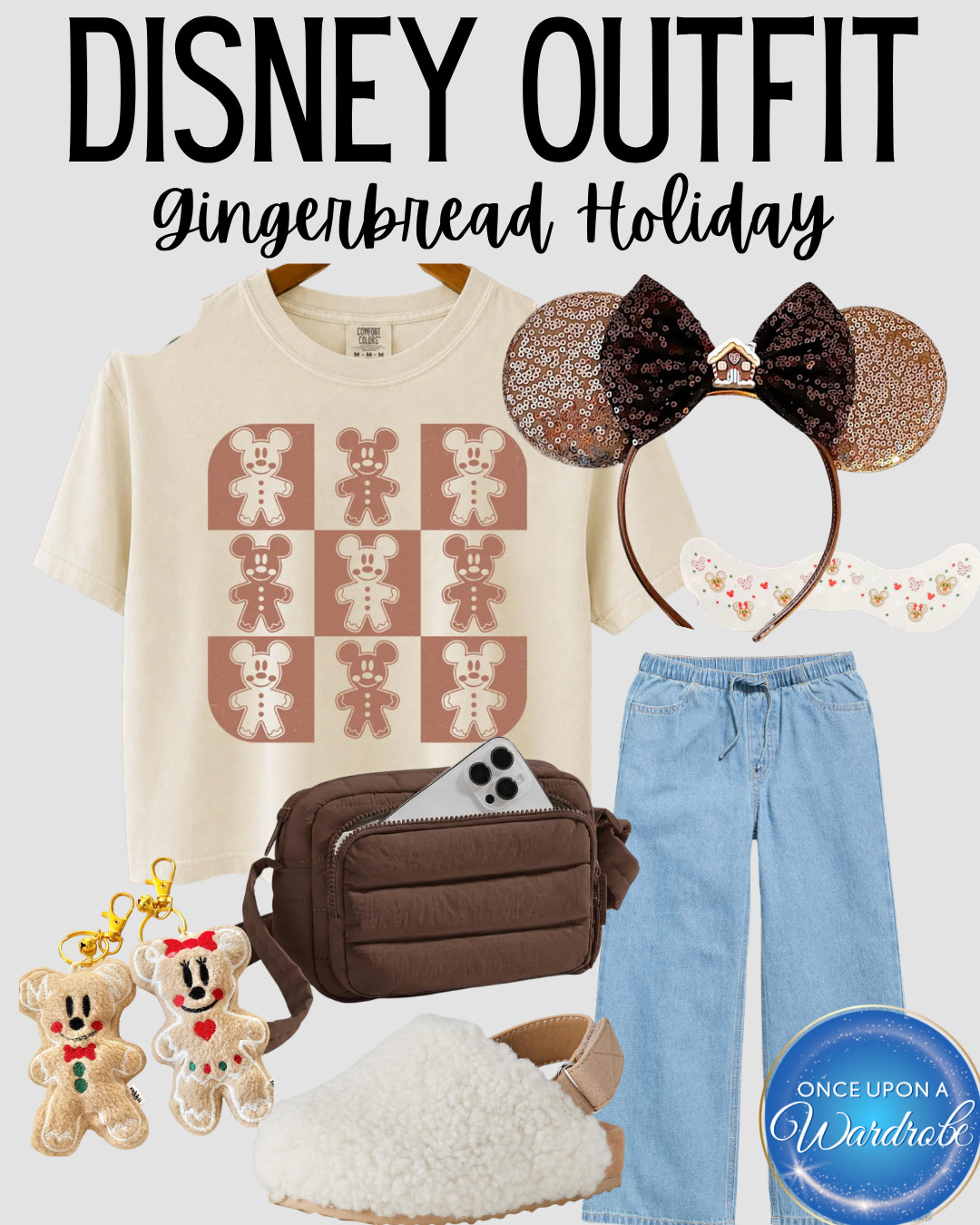 A cute Disney gingerbread outfit for tweens with a neutral Mickey gingerbread tee, relaxed jeans, cozy sherpa clogs and festive brown accessories. The gingerbread Minnie ears, character keychains and holiday wristband make this an easy Christmas park look for Walt Disney World, Disneyland or a Disney Very Merrytime Cruise! 

 #LTKmomlife #LTKSeasonal #LTKKids