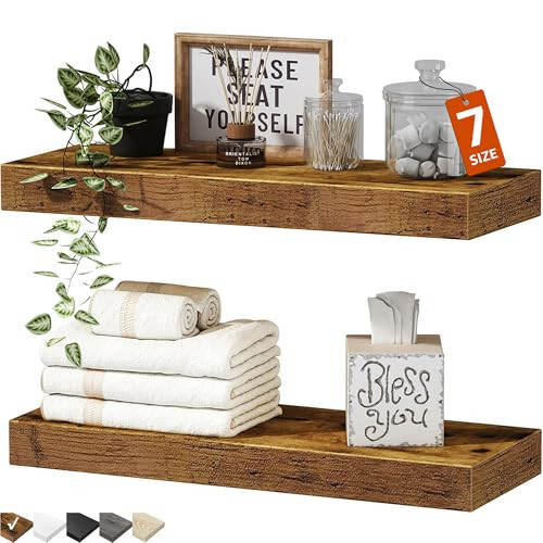 QEEIG Bathroom Floating Shelves for Wall - 15.7" Wall Mounted Shelf Over Toilet Farmhouse Home Decor Display Bookshelf Small 15.7 x 6.7 inch Set of 2, Rustic Brown (008-40BN) | Amazon (US)