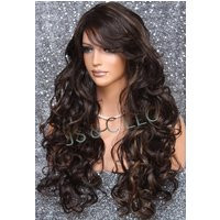 Beautiful Human Hair Blend Brown Blonde/Light Auburn Mix Long Full Wig Heat Resistant 28"" With Curls & Bangs Side Parting | Etsy (US)