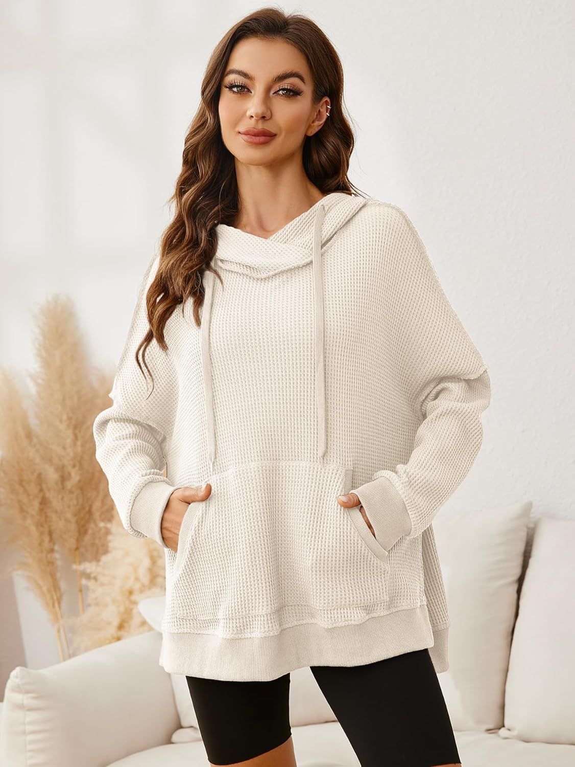 Glamaker Women's Waffle Knit Oversized Hoodies Pullover 2023 Fall Cute Trendy Hooded Sweatshirt D... | Amazon (US)