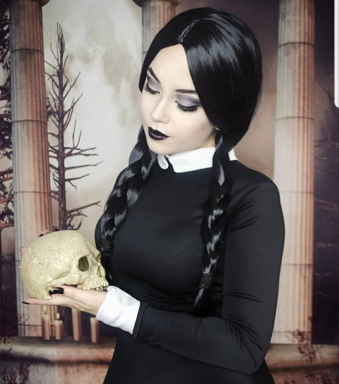 Juziviee Wednesday Addams Wig with Wig Cap Black Wigs for Wednesday Costume Long Black Braided Wig B | Amazon (US)