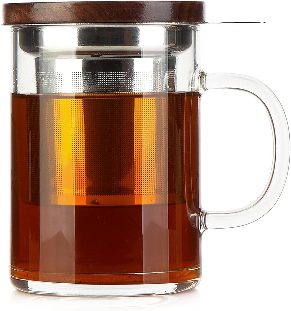 Tea Mug, COMI Tea Cup with Infuser Walnut Lid&Handle, Glass Tea Cups with Wide Mouth Extra Large ... | Amazon (US)