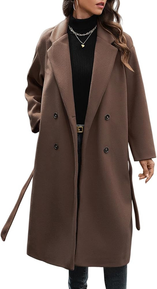 WOWULOVELY Women's Winter Double Breasted Wool Coat Long Sleeve Notched Collar Trench Long Oversi... | Amazon (US)