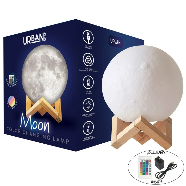 Urban Shop 3D Print Color Changing Moon Lamp with Wood Stand, remote control and USB Adaptor, 7.5... | Walmart (US)