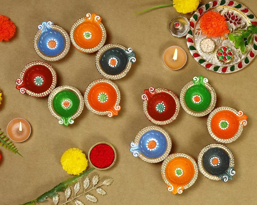 Handmade Terracoaat Set of 12 Multicolor Clay Diya for Diwali Decorations Oil Lamp Decor Diwali C... | Amazon (US)