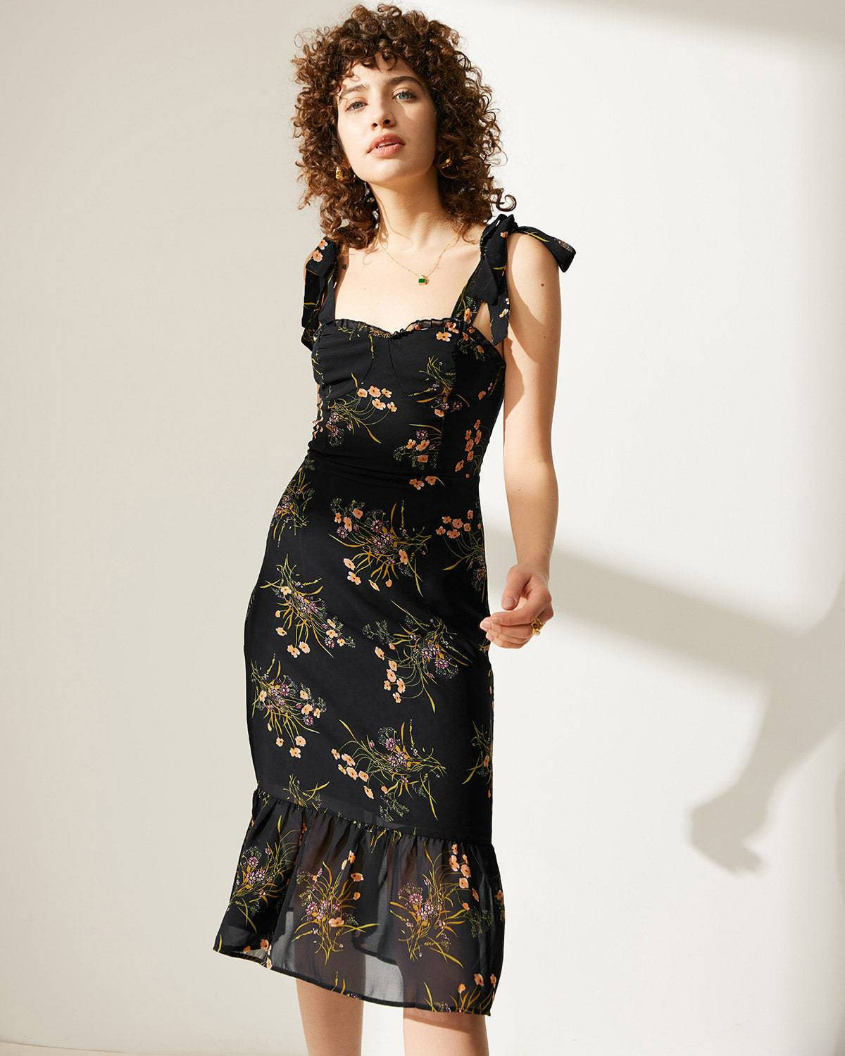 The Tie Strap Ruffle Floral Midi Dress & Reviews - Black,Blue - Dresses | RIHOAS | rihoas.com