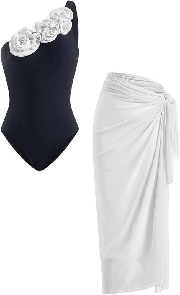 Women's 2 Piece Bathing Suit 3D Floral One Shoulder Swimsuit with Cover Up Skirt | Amazon (US)