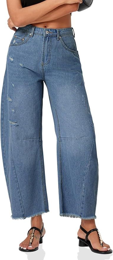 Cicy Bell Women's Baggy Wide Leg Jeans Barrel Horseshoe Boyfriend Cropped Raw Hem Denim Pants | Amazon (US)