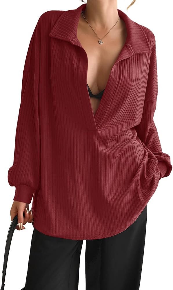 Fisoew Womens Oversized Deep V Neck Sweatshirts Casual Collared Long Sleeve Ribbed Knit Pullover ... | Amazon (US)