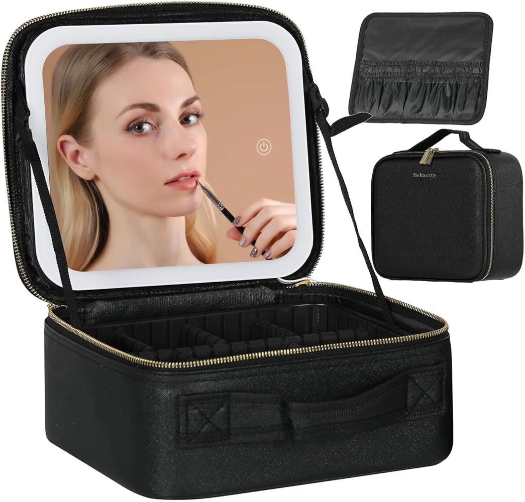 Travel Makeup Bag with LED Lighted Mirror, Cosmetic Makeup Organizer Bag with 3 Color Setting, Ma... | Amazon (US)