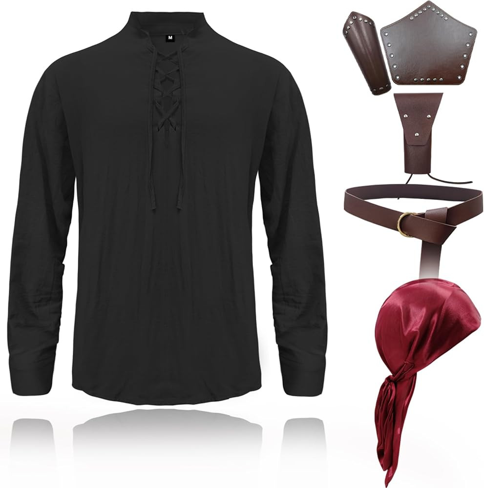 5 Pcs Men's Medieval Renaissance Long Sleeve Pirate Shirt Leather Belt Armband Bandana Scabbard H... | Amazon (US)