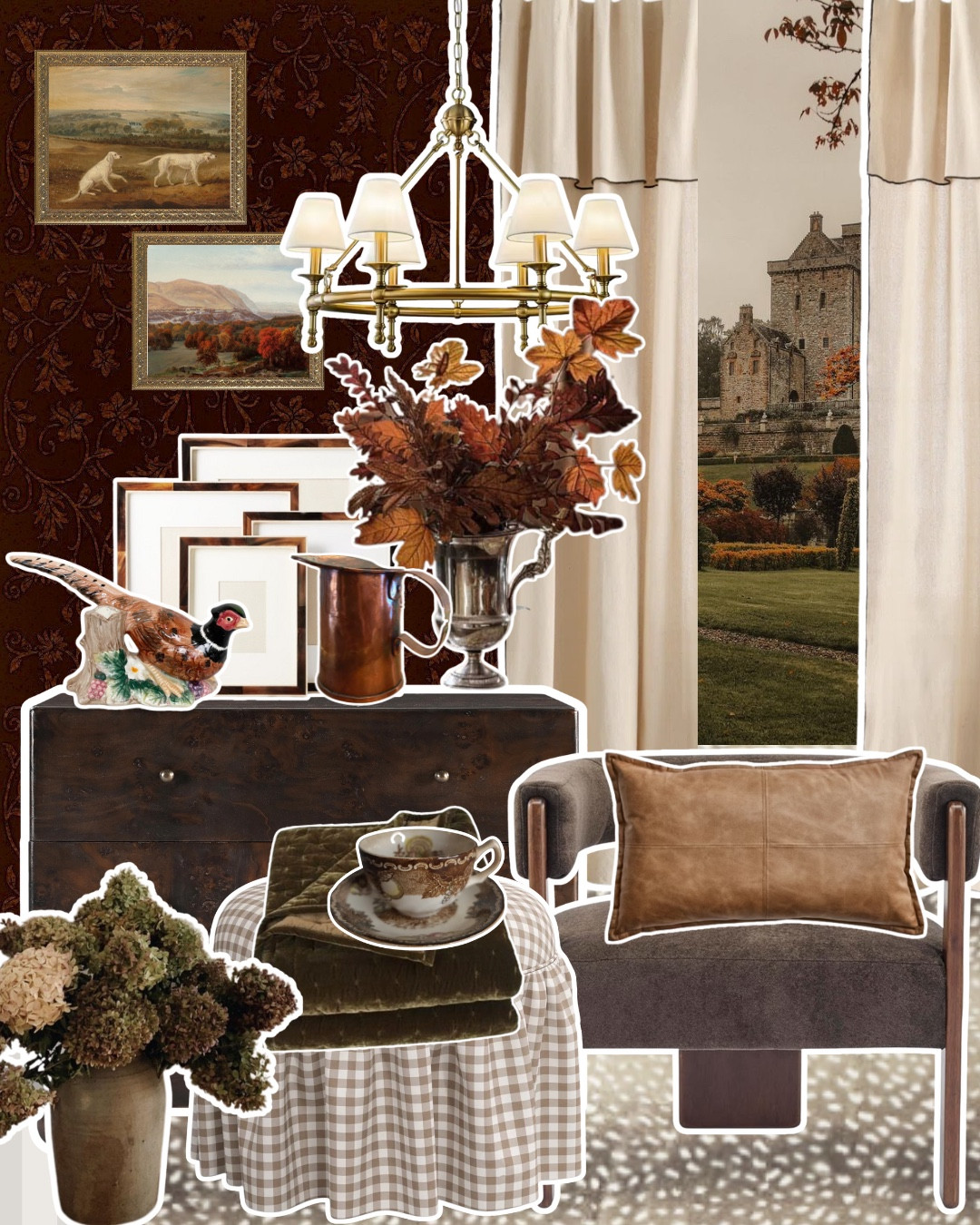 warm woods, deep burgundy, and that lived-in richness you find in timeless interiors. Today's moodboard feels like stepping into a Ralph Lauren ad meets a collected country house. ✨ For me, the magic always happens when you mix what speaks to you: new finds that ground a space, vintage treasures that add story, and antiques that anchor everything with history. That layered look is what makes a home truly you.

New vs. Vintage vs. Antique lineup:
💫new: a fresh gingham side ottoman that feels like it could have been pulled straight from the cottage in The Holiday movie
💫 vintage: iconic Fitz & Flloyd pheasant woodland candle holder, paired with an ironstone King Tom teacup saucer
 💫 antique: a primitive still brass pitcher and silver champagne bucket to style your fall foliage

Pairing gingham with leather, brass with deep mahogany, and collected pieces with modern staples keeps a space from feeling too staged! Instead, make it feel personal, storied, and soulful to you by picking pieces out that speak to you. Really loving the warmth with the ease of everyday living.

If you’ve ever loved the “Ralph Lauren Home” aesthetic or been in a gingham chokehold like me, this is the formula: collect what feels right, regardless of age or origin. That’s when your home stops being a showroom and becomes a reflection of your story. #gingham #antique #cozyhome #vintage

#LTKFallSale #LTKHome #LTKSeasonal