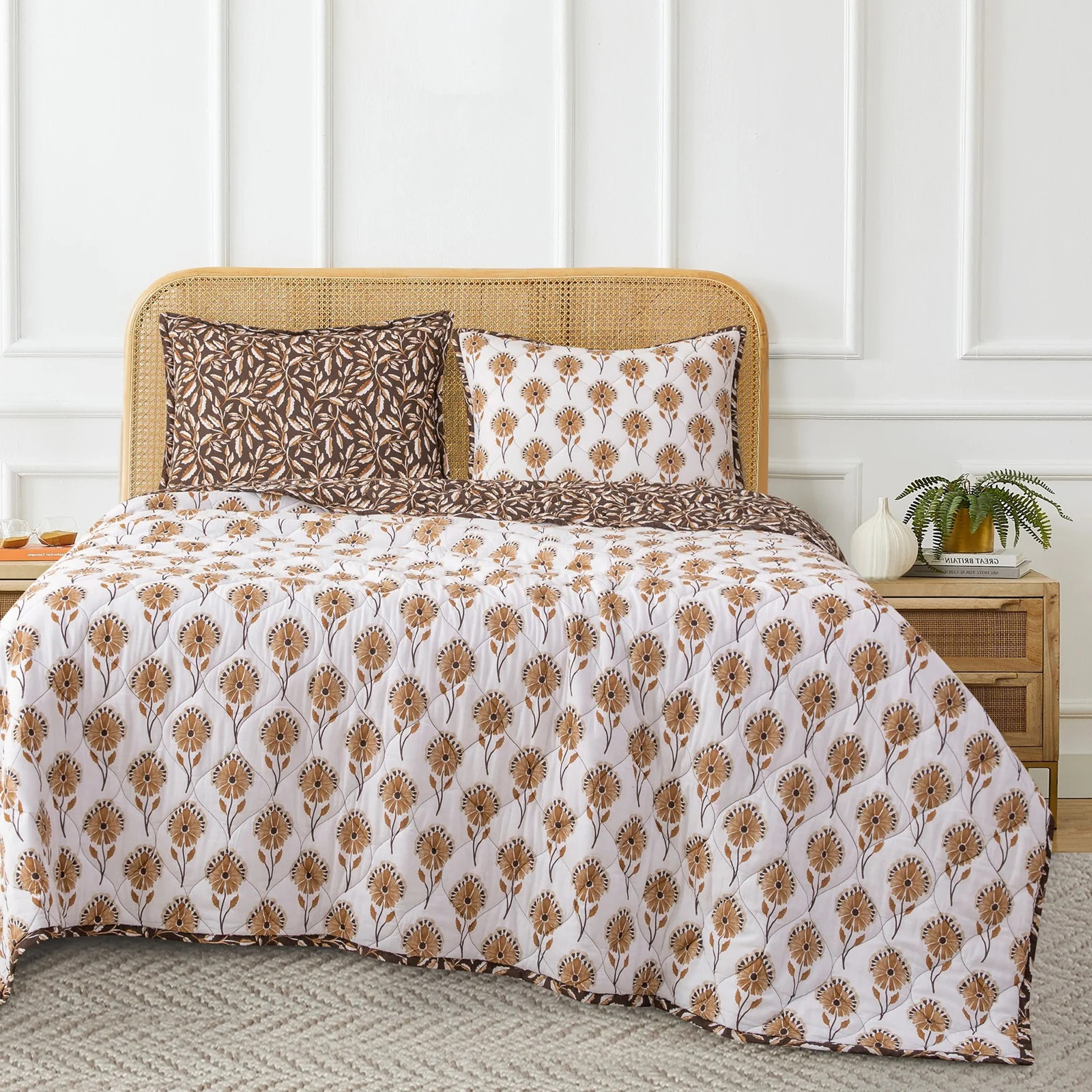 Woodstock White Tan Floral Fall Leaves Print Classic Reversible Cotton Quilt Set | Birch Lane