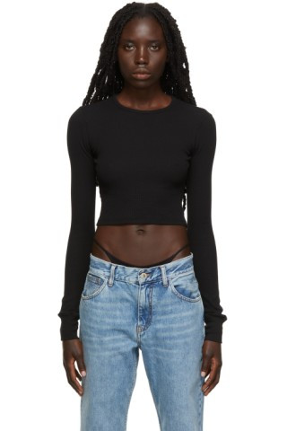 SSENSE Exclusive Black Crop Thermal Waffle Long Sleeve T-Shirt | SSENSE